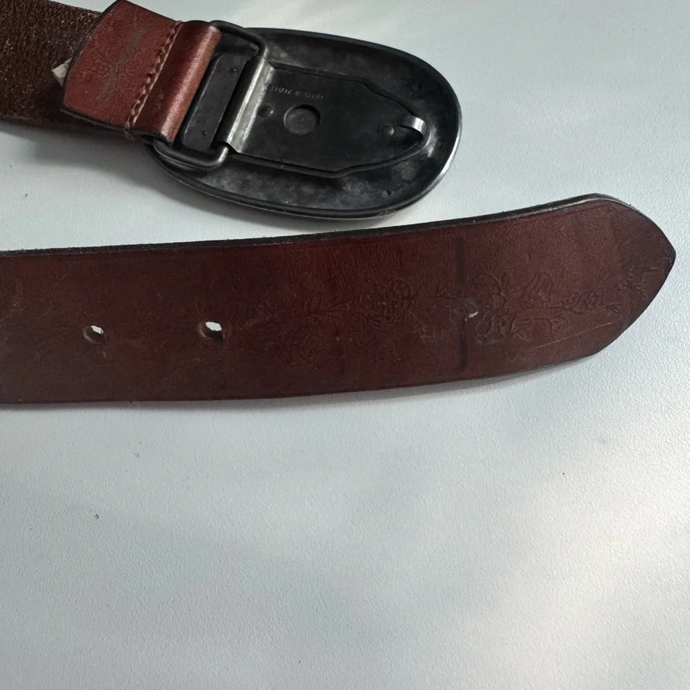 Abercrombie and Fitch Western Tooled Leather Belt Brown Chunky Silver Buckle - Picture 7 of 10
